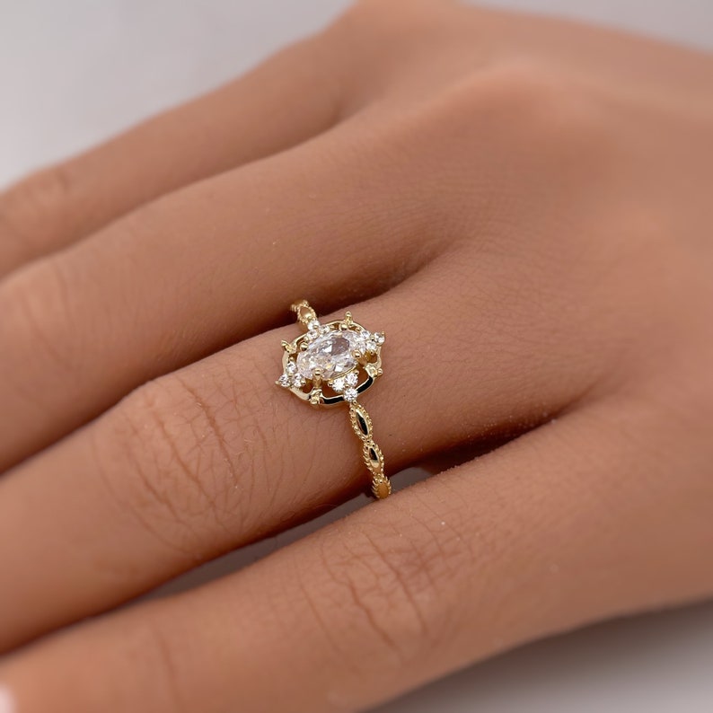 0.50ct Oval Dainty Art Deco Ring, Minimalist Dainty Star Ring, Marquise Design Ring, Tiny Art Deco Ring, Sterling Silver with Vermeil