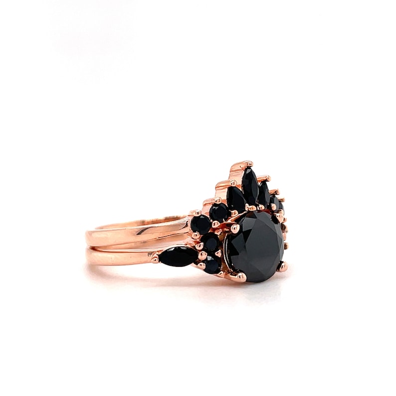 Art Deco Black Wedding Ring Set, Black Diamond Simulate, Vintage Set