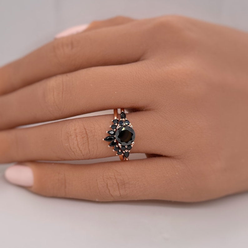 Art Deco Black Wedding Ring Set, Black Diamond Simulate, Vintage Set