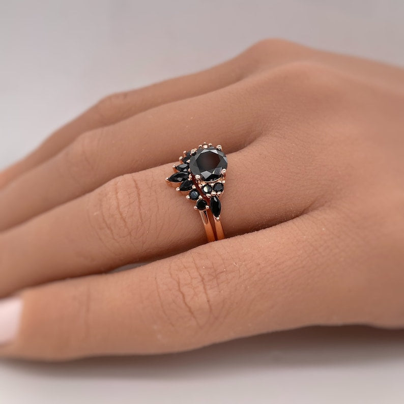 Art Deco Black Wedding Ring Set, Black Diamond Simulate, Vintage Set