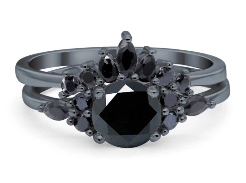 Art Deco Black Wedding Ring Set, Black Diamond Simulate, Vintage Set