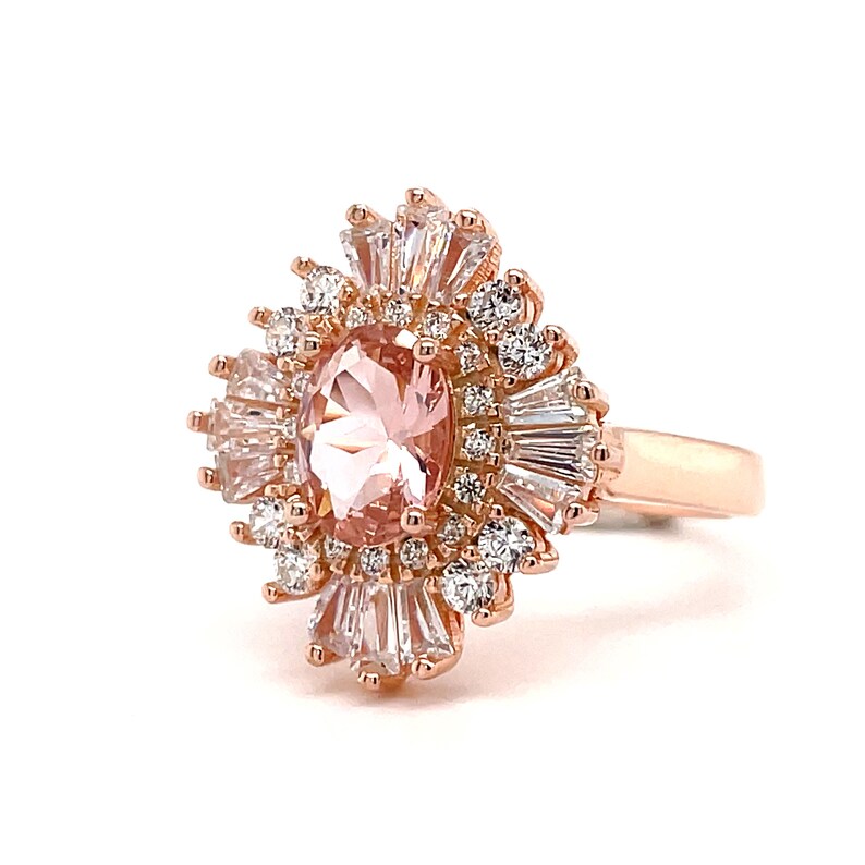Oval Morganite Art Deco, Victorian Engagement Ring, Baguette Halo, Morganite Engagement Ring, Large Rose Gold Morganite Ring