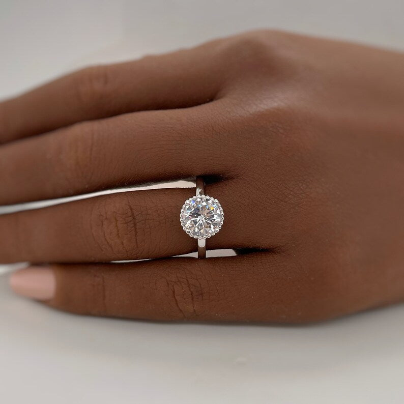 2.00ct Solitaire Engagement Ring, Beaded Halo, Hidden Halo Ring, Art Deco Solitaire Round Brilliant, Milgrain Halo