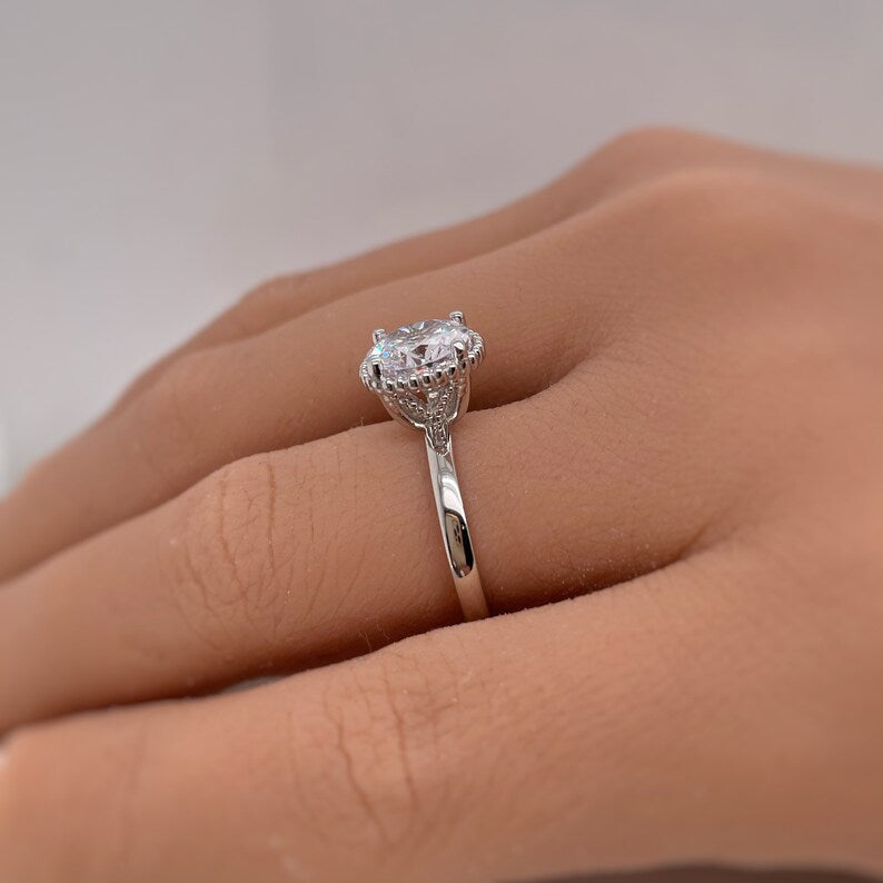2.00ct Solitaire Engagement Ring, Beaded Halo, Hidden Halo Ring, Art Deco Solitaire Round Brilliant, Milgrain Halo