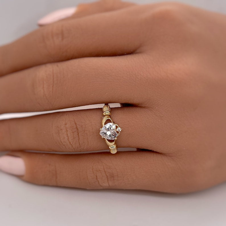 Irish Claddagh Promise Ring, Heart Simulated Diamond Accent Claddagh Engagement Ring, Traditional Irish Ring
