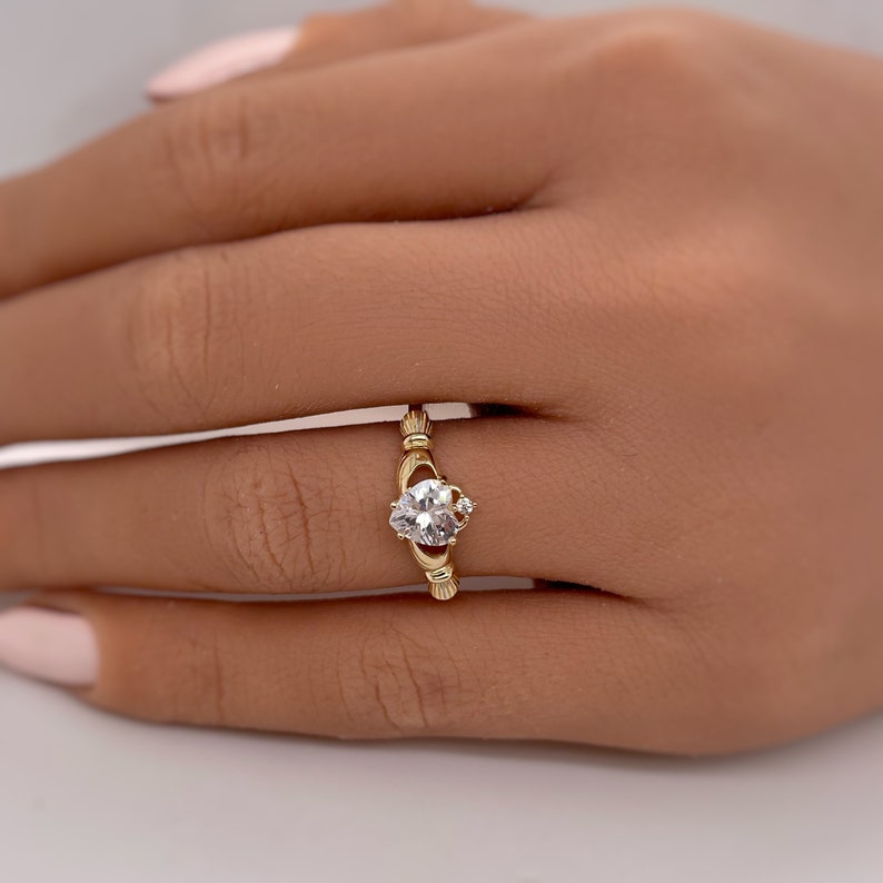 Irish Claddagh Promise Ring, Heart Simulated Diamond Accent Claddagh Engagement Ring, Traditional Irish Ring