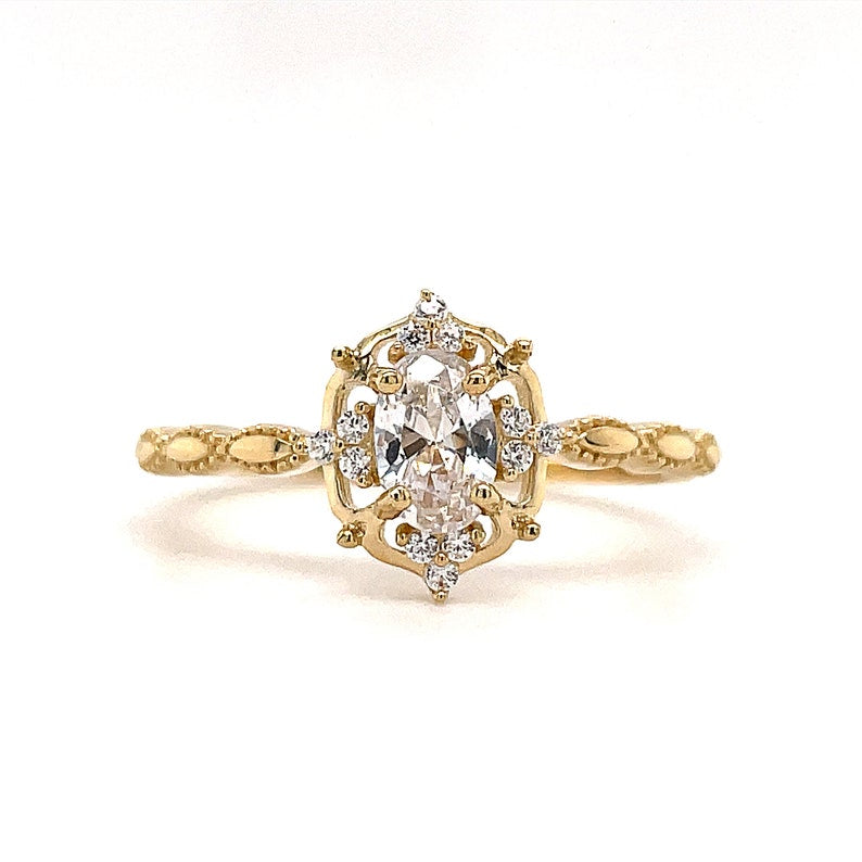 0.50ct Oval Dainty Art Deco Ring, Minimalist Dainty Star Ring, Marquise Design Ring, Tiny Art Deco Ring, Sterling Silver with Vermeil