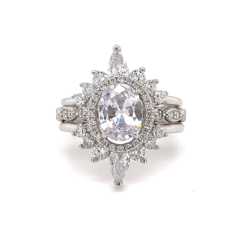 1.00ct Oval Halo Ring Set, 3 Ring Set, Fitted Marquise V Bands, Art Deco Ring Set, Sterling Silver with Vermeil, Minimalist Set