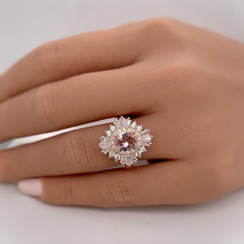 Oval Morganite Art Deco, Victorian Engagement Ring, Baguette Halo, Morganite Engagement Ring, Large Rose Gold Morganite Ring