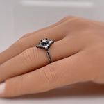 Load image into Gallery viewer, Art Deco Black Diamond Engagement Ring, Vintage Dainty Black Ring, Black Star Ring, Starburst Statement Black Rhodium Ring