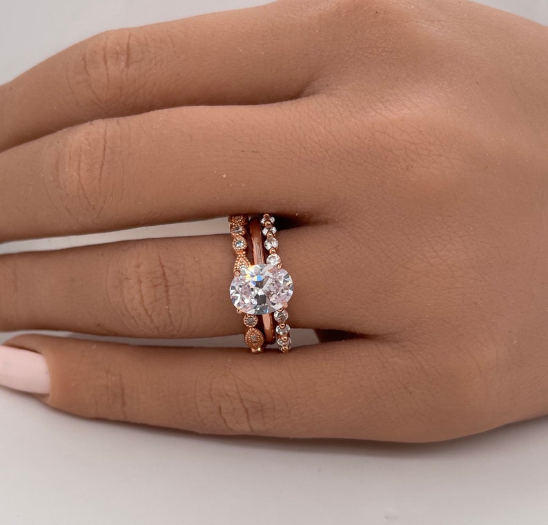 2.00ct Oval Art Deco Engagement Ring Set, 3 Ring Solitaire Ring Twisted Band Set, Solitaire Art Deco Engagement Set