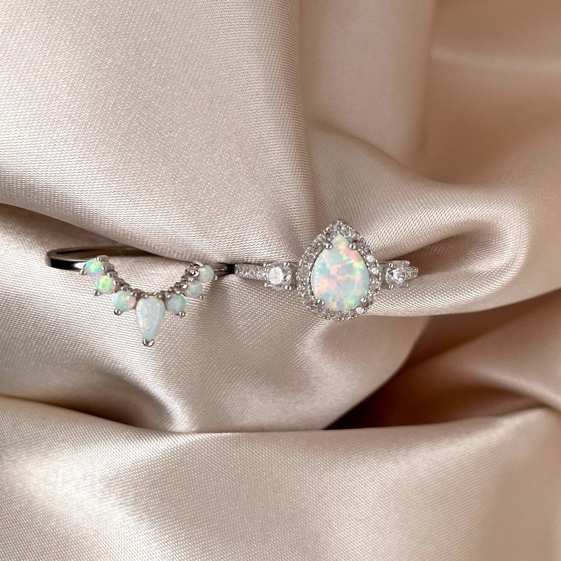 Opal Engagement Ring Set, Art Deco Fitted Opal Ring Set, Opal Bridal Set, Wedding Ring Opal Band, Pear Opal Ring