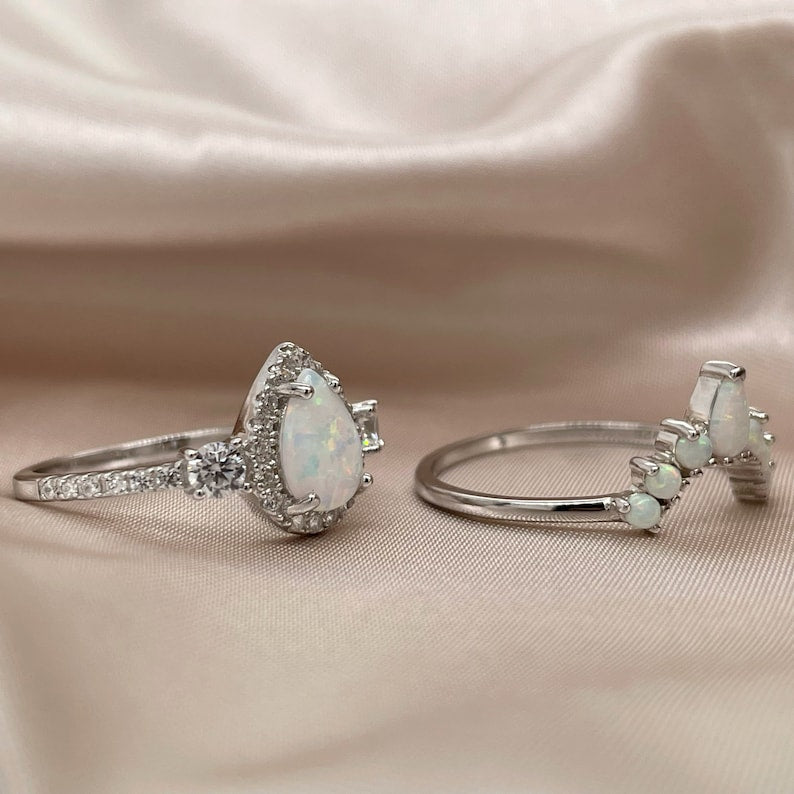 Opal Engagement Ring Set, Art Deco Fitted Opal Ring Set, Opal Bridal Set, Wedding Ring Opal Band, Pear Opal Ring