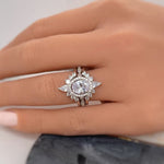 Load image into Gallery viewer, 1.00ct Oval Halo Ring Set, 3 Ring Set, Fitted Marquise V Bands, Art Deco Ring Set, Sterling Silver with Vermeil, Minimalist Set