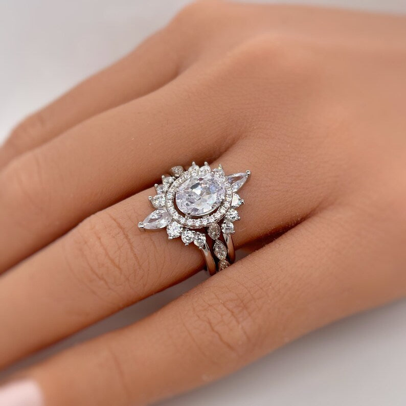 1.00ct Oval Halo Ring Set, 3 Ring Set, Fitted Marquise V Bands, Art Deco Ring Set, Sterling Silver with Vermeil, Minimalist Set