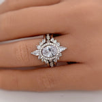 Load image into Gallery viewer, 1.00ct Oval Halo Ring Set, 3 Ring Set, Fitted Marquise V Bands, Art Deco Ring Set, Sterling Silver with Vermeil, Minimalist Set