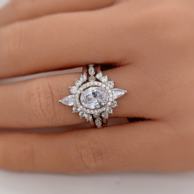 1.00ct Oval Halo Ring Set, 3 Ring Set, Fitted Marquise V Bands, Art Deco Ring Set, Sterling Silver with Vermeil, Minimalist Set