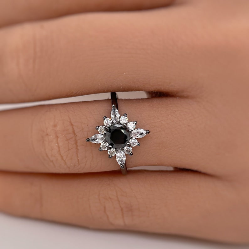 Art Deco Black Diamond Engagement Ring, Vintage Dainty Black Ring, Black Star Ring, Starburst Statement Black Rhodium Ring