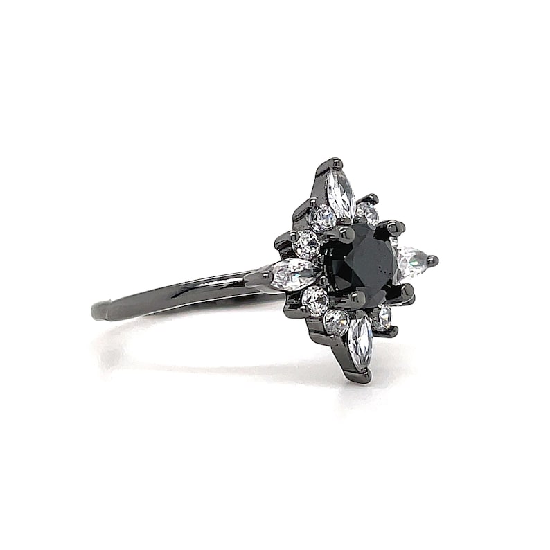 Art Deco Black Diamond Engagement Ring, Vintage Dainty Black Ring, Black Star Ring, Starburst Statement Black Rhodium Ring