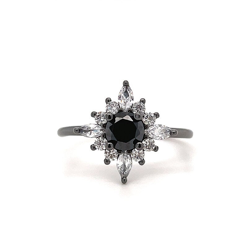 Art Deco Black Diamond Engagement Ring, Vintage Dainty Black Ring, Black Star Ring, Starburst Statement Black Rhodium Ring