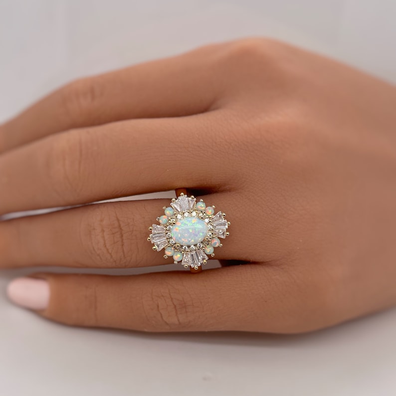 Opal Art Deco Engagement Ring, Vintage Opal Wedding Ring, Art Deco Opal Baguette Ring Engagement Ring