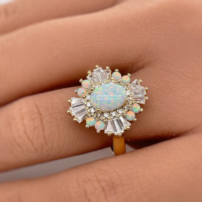 Opal Art Deco Engagement Ring, Vintage Opal Wedding Ring, Art Deco Opal Baguette Ring Engagement Ring