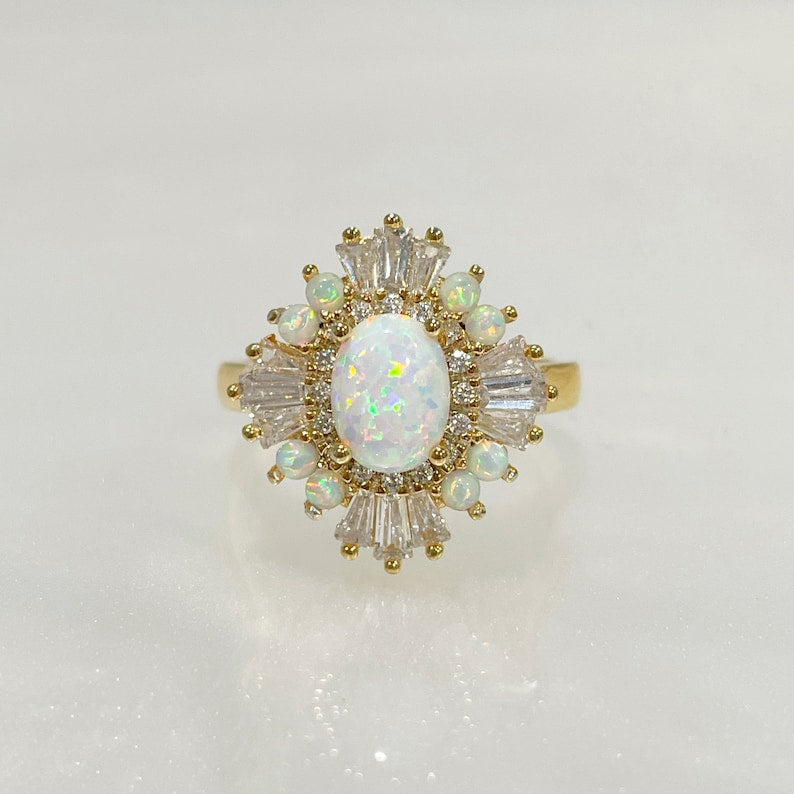 Opal Art Deco Engagement Ring, Vintage Opal Wedding Ring, Art Deco Opal Baguette Ring Engagement Ring