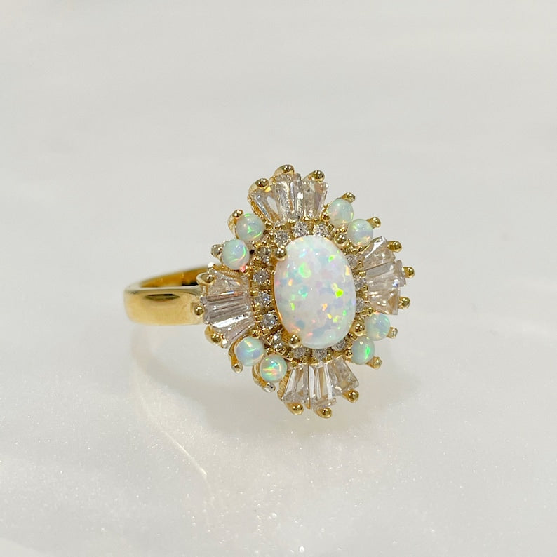 Opal Art Deco Engagement Ring, Vintage Opal Wedding Ring, Art Deco Opal Baguette Ring Engagement Ring