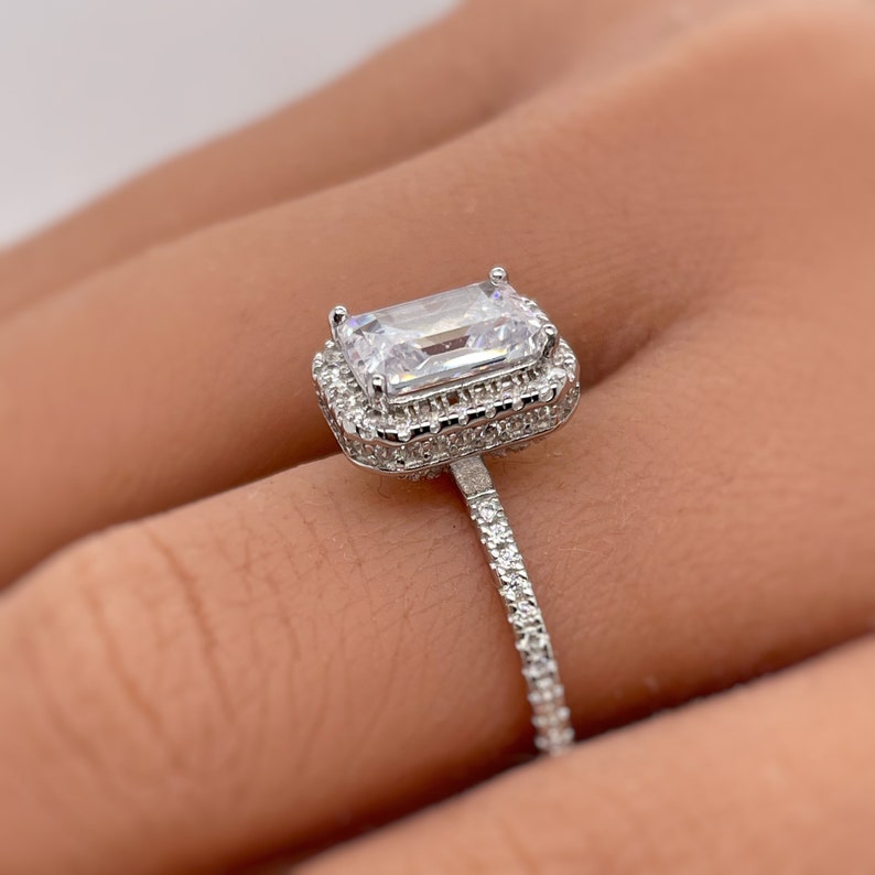 Emerald Cut Halo Engagement Ring, Hidden Halo, Emerald Cut Simulated Diamond Ring