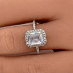 Load image into Gallery viewer, Emerald Cut Halo Engagement Ring, Hidden Halo, Emerald Cut Simulated Diamond Ring