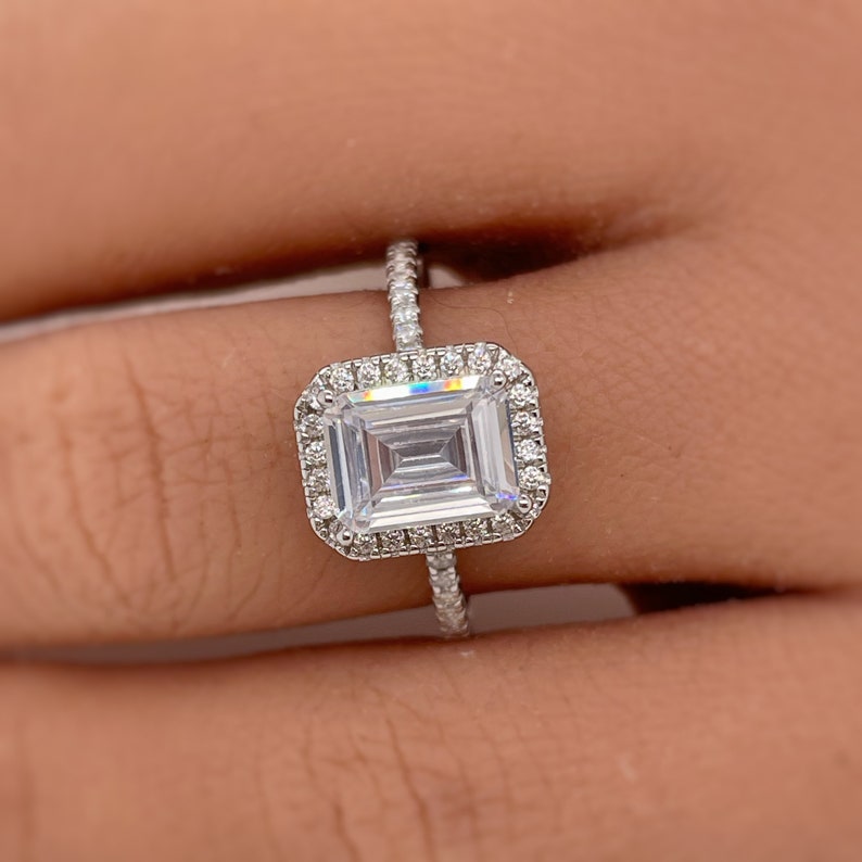 Emerald Cut Halo Engagement Ring, Hidden Halo, Emerald Cut Simulated Diamond Ring