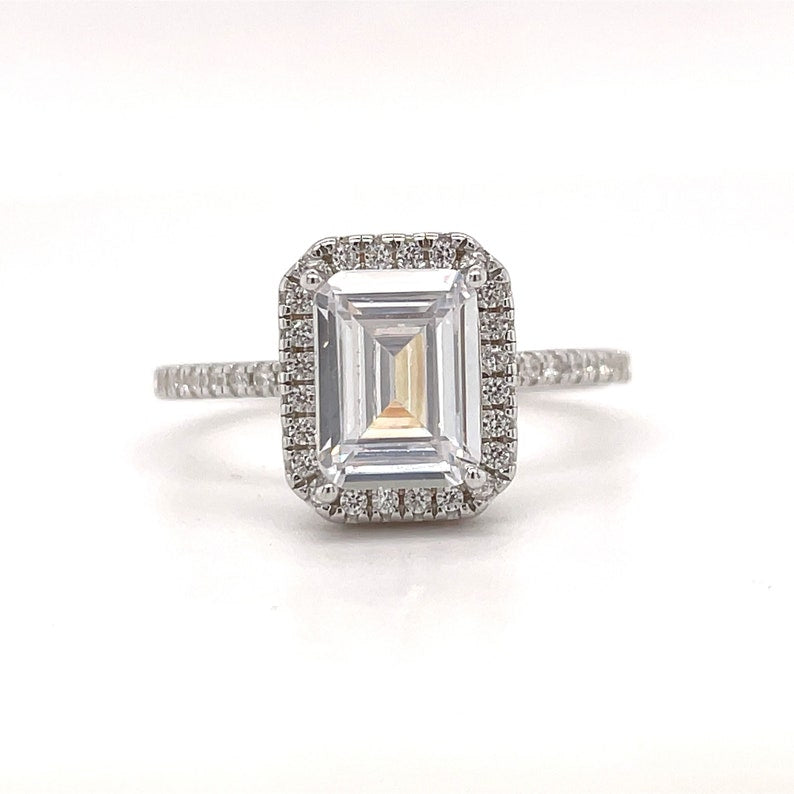 Emerald Cut Halo Engagement Ring, Hidden Halo, Emerald Cut Simulated Diamond Ring