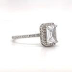 Load image into Gallery viewer, Emerald Cut Halo Engagement Ring, Hidden Halo, Emerald Cut Simulated Diamond Ring