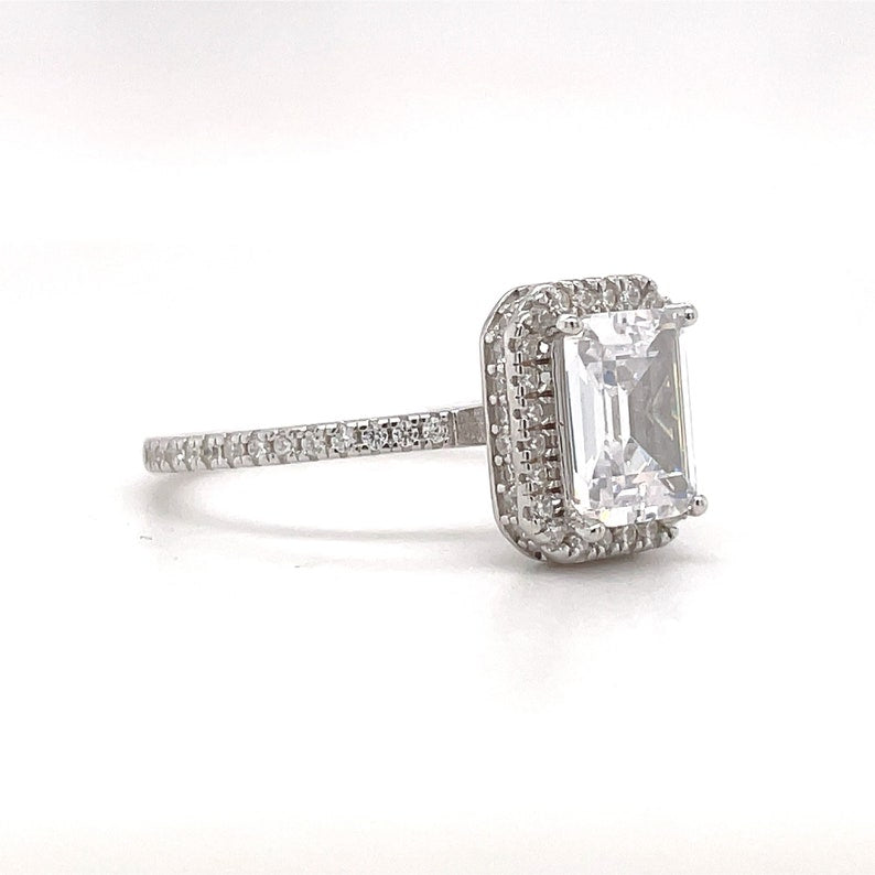 Emerald Cut Halo Engagement Ring, Hidden Halo, Emerald Cut Simulated Diamond Ring