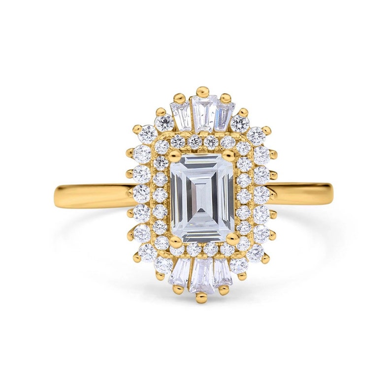 Emerald Cut Art Deco Engagement Ring, Art Deco Baguette Halo Ring, Diamond Cluster, Art Deco Emerald Cut Engagement Ring, Art Deco Ring