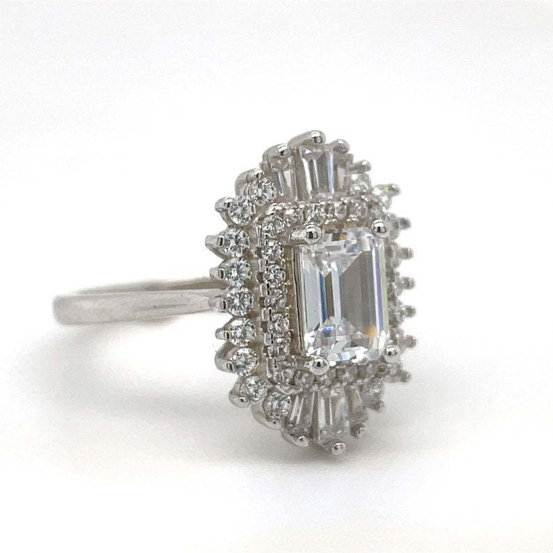 Emerald Cut Art Deco Engagement Ring, Art Deco Baguette Halo Ring, Diamond Cluster, Art Deco Emerald Cut Engagement Ring, Art Deco Ring