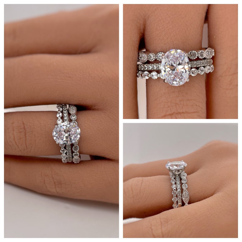 2.00ct Oval Art Deco Engagement Ring Set, 3 Ring Solitaire Ring Twisted Band Set, Solitaire Art Deco Engagement Set