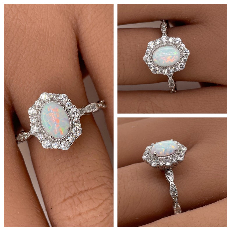 Oval Opal Art Deco Engagement Ring, Vintage Opal Wedding Ring, Oval Opal Art Deco Halo Ring
