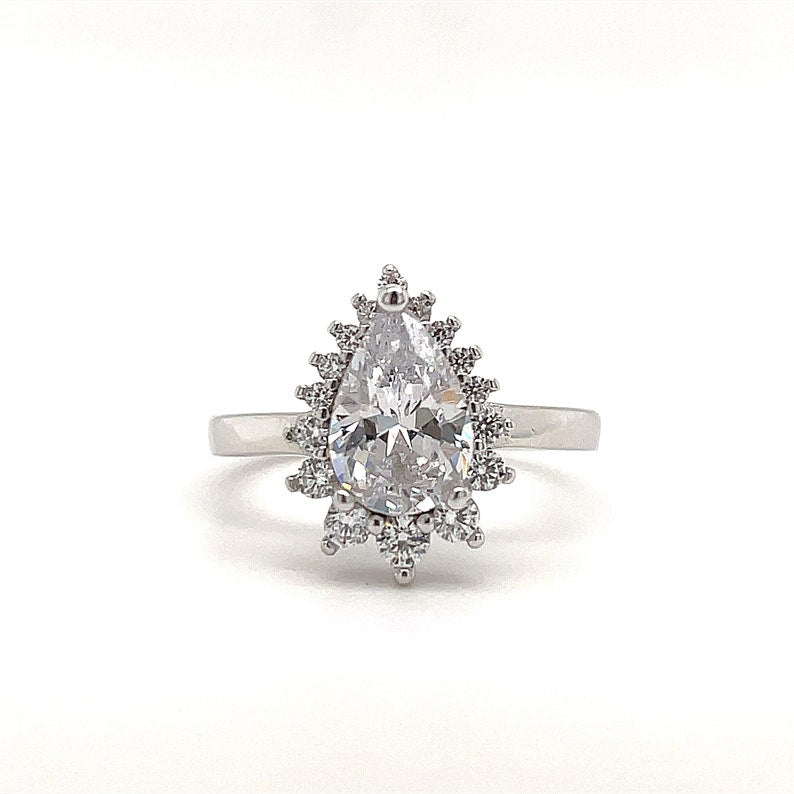 Starburst Halo Teardrop Moissanite Engagement Ring, Art Deco Pear Halo Engagement Ring, Pear Cut Wedding Ring, Bridal Ring, Proposal Ring