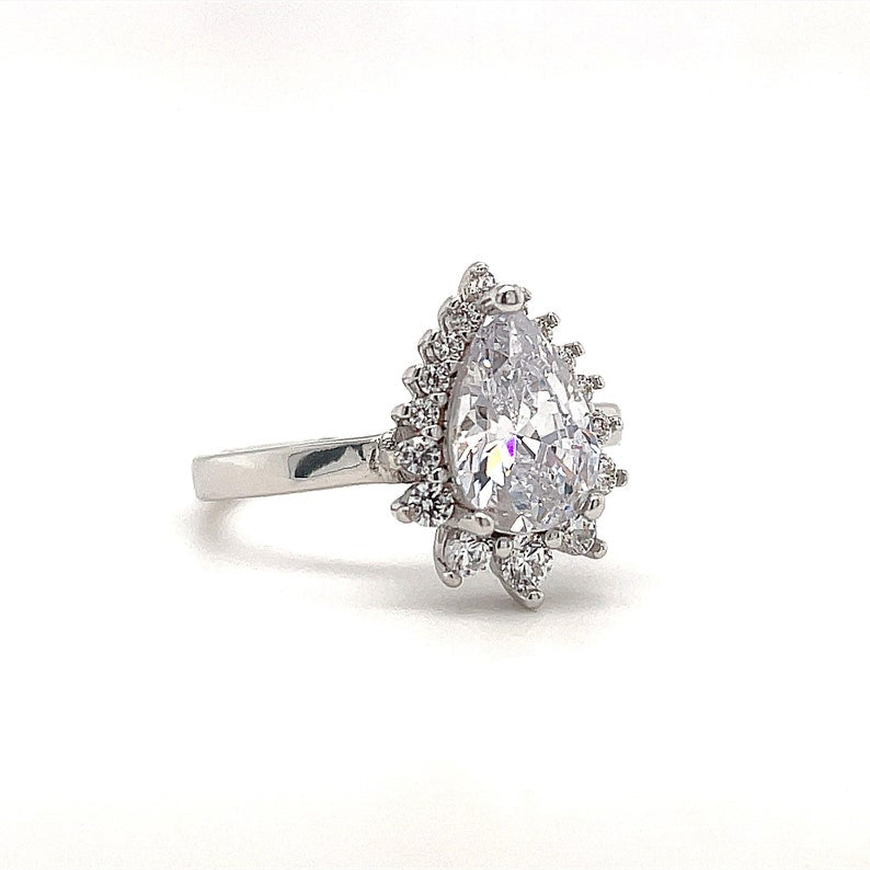 Starburst Halo Teardrop Moissanite Engagement Ring, Art Deco Pear Halo Engagement Ring, Pear Cut Wedding Ring, Bridal Ring, Proposal Ring