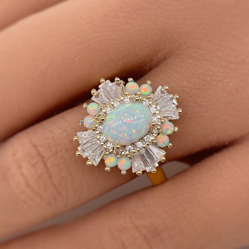 Opal Art Deco Engagement Ring, Vintage Opal Wedding Ring, Art Deco Opal Baguette Ring Engagement Ring