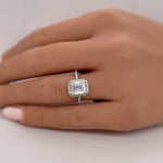 Load image into Gallery viewer, Emerald Cut Halo Engagement Ring, Hidden Halo, Emerald Cut Simulated Diamond Ring