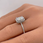Load image into Gallery viewer, Emerald Cut Halo Engagement Ring, Hidden Halo, Emerald Cut Simulated Diamond Ring