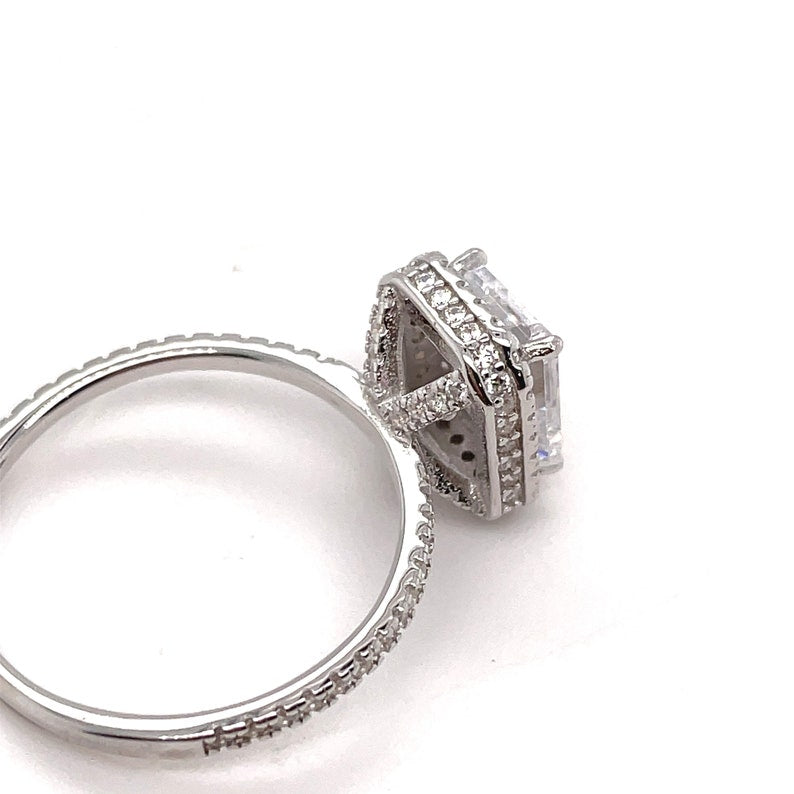 Emerald Cut Halo Engagement Ring, Hidden Halo, Emerald Cut Simulated Diamond Ring
