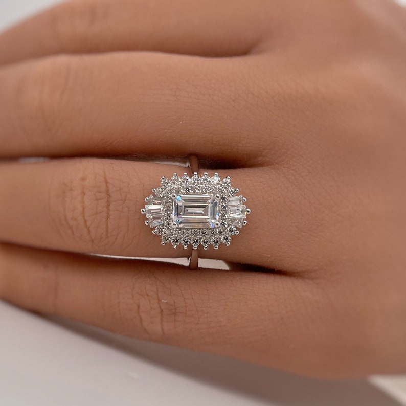 Emerald Cut Art Deco Engagement Ring, Art Deco Baguette Halo Ring, Diamond Cluster, Art Deco Emerald Cut Engagement Ring, Art Deco Ring