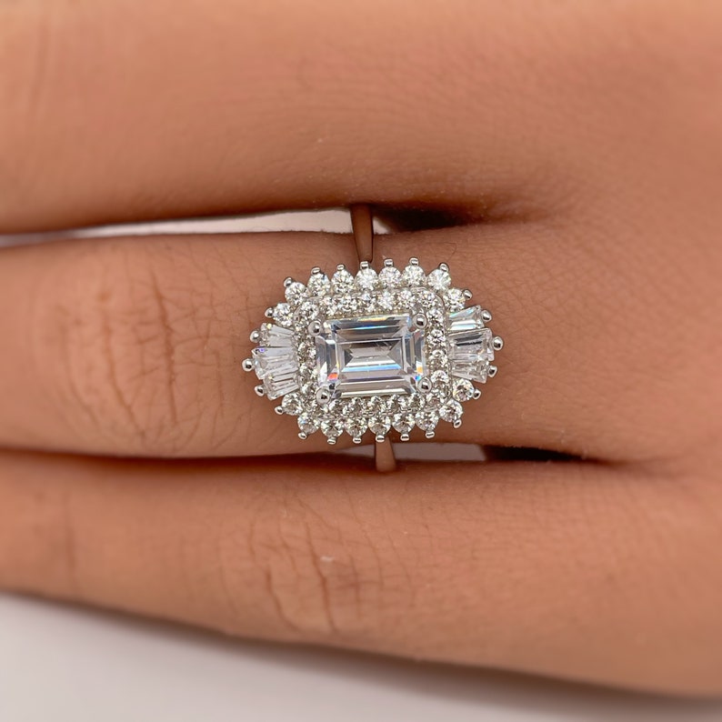 Emerald Cut Art Deco Engagement Ring, Art Deco Baguette Halo Ring, Diamond Cluster, Art Deco Emerald Cut Engagement Ring, Art Deco Ring