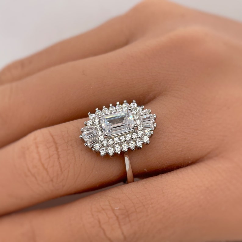 Emerald Cut Art Deco Engagement Ring, Art Deco Baguette Halo Ring, Diamond Cluster, Art Deco Emerald Cut Engagement Ring, Art Deco Ring