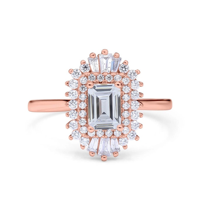 Emerald Cut Art Deco Engagement Ring, Art Deco Baguette Halo Ring, Diamond Cluster, Art Deco Emerald Cut Engagement Ring, Art Deco Ring