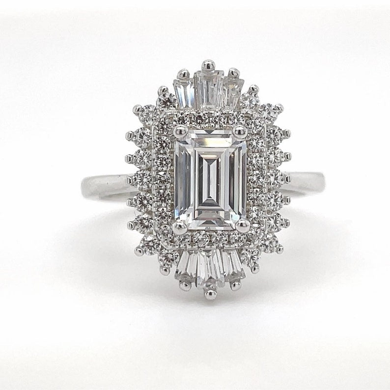 Emerald Cut Art Deco Engagement Ring, Art Deco Baguette Halo Ring, Diamond Cluster, Art Deco Emerald Cut Engagement Ring, Art Deco Ring