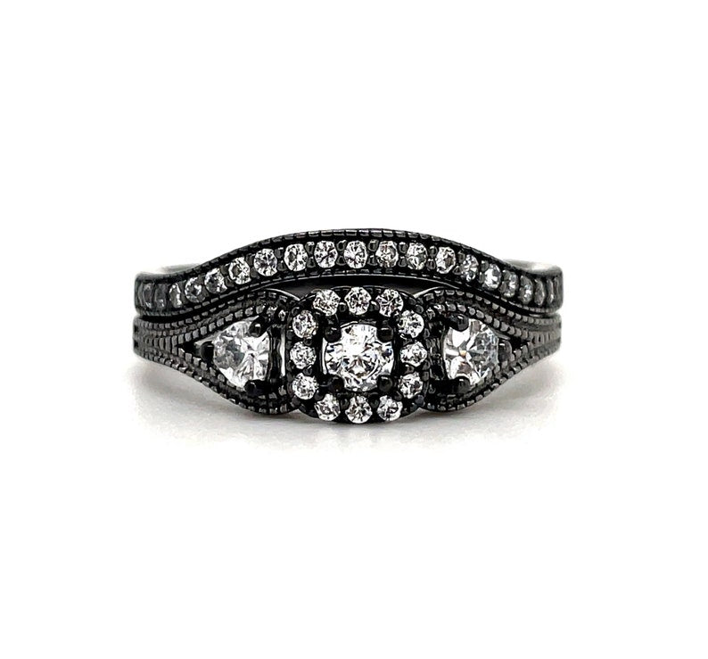 Art Deco Engagement Ring Set Eternity Band Eternity Minimalist Ring Set Art Deco Engagement Set Eternity Band Round Diamond Milgrain Set